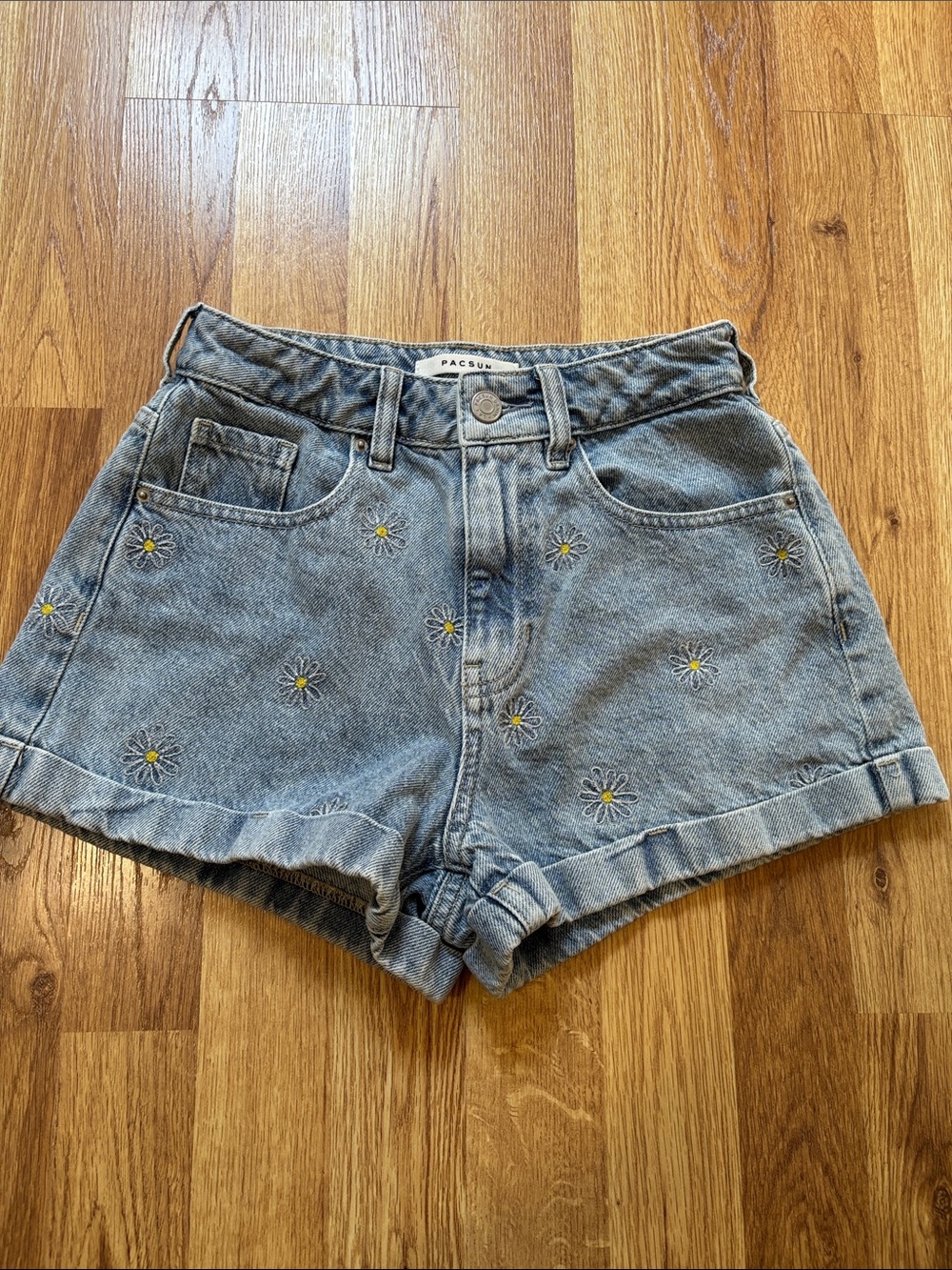 PacSun Light Blue Daisy Embroidered Denim Mom Shorts